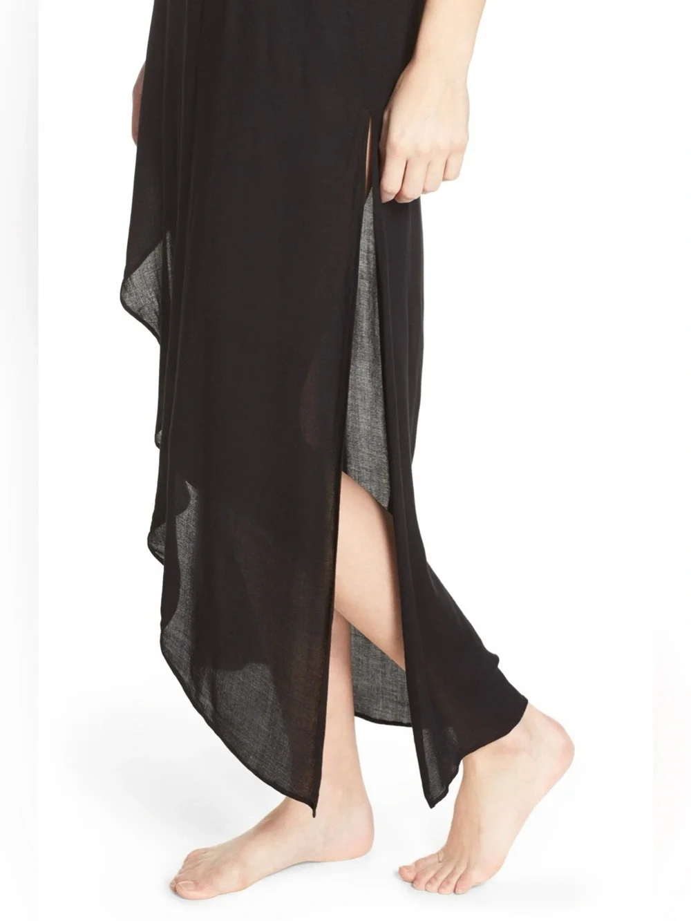 Free People Black Long Crisscross-Back Nightgown with Asymmetric Hem 100% Rayon